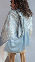 Load image into Gallery viewer, Thin cashmere all over embroidered in soft blue, pistache and  beige tones
